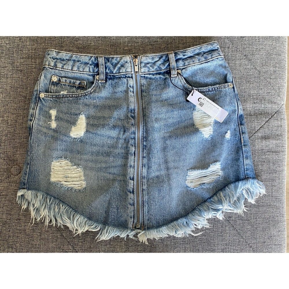 Garage Bay Blue Distressed Full-Zip Denim Mini Skirt Y2K Inspired Size P/S New